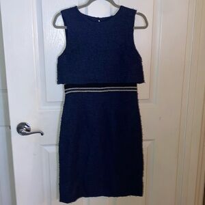 OSCAR DE LA RENTA 2017 navy cotton blend tweed layered dress